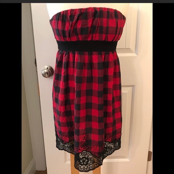 Checkered Red & Black Lace Hem strapless Dress M - Picture 2 of 7